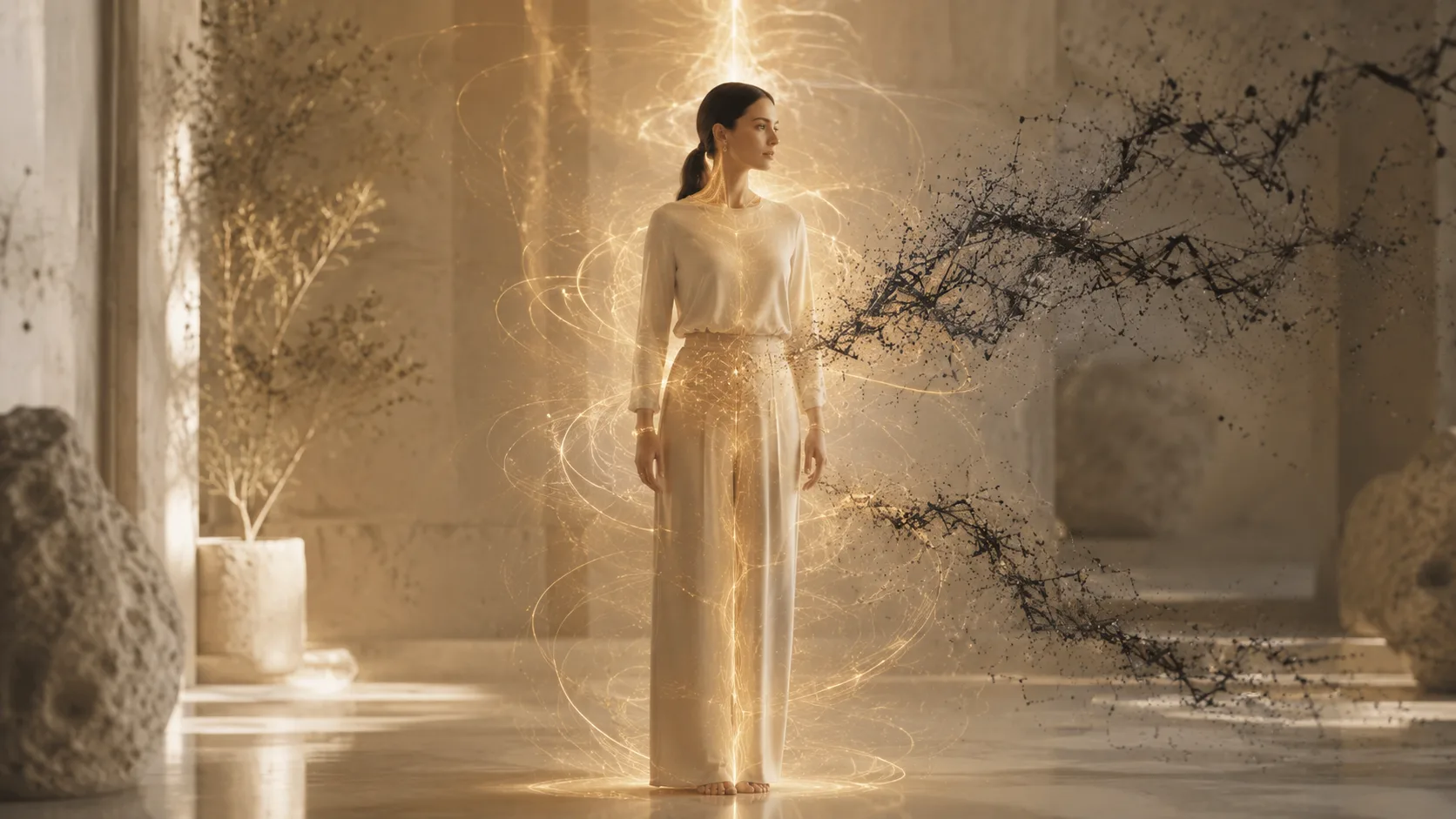 A woman standing between golden light threads and dissolving dark particles in a marble hall