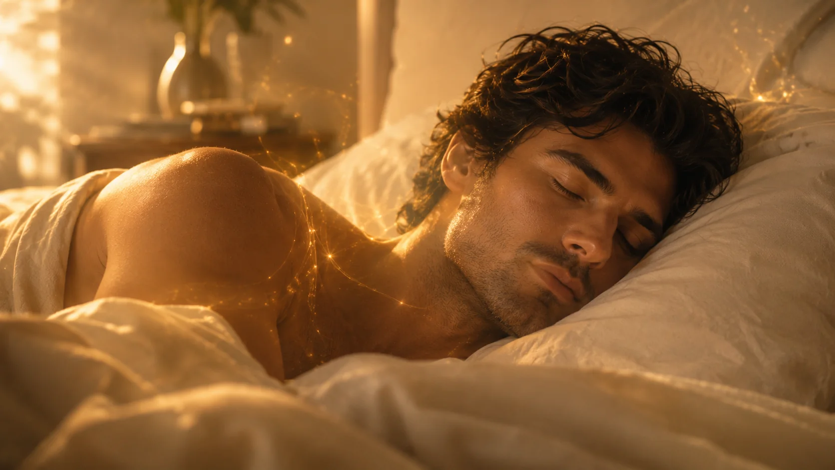 A man asleep in warm golden light on linen bedding, fine light threads across his shoulder