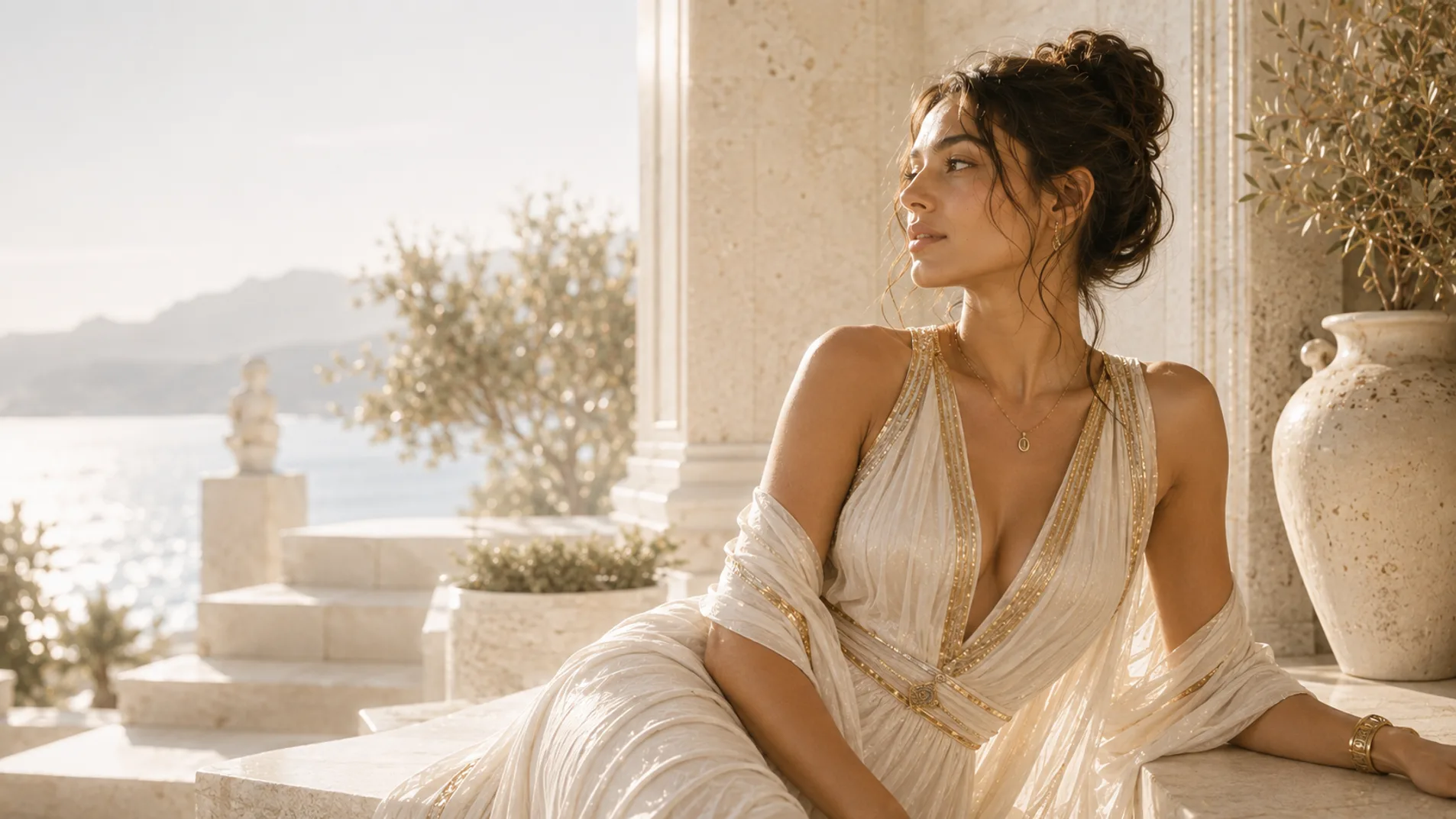 Warm evening light over the sea, a woman turning toward the horizon