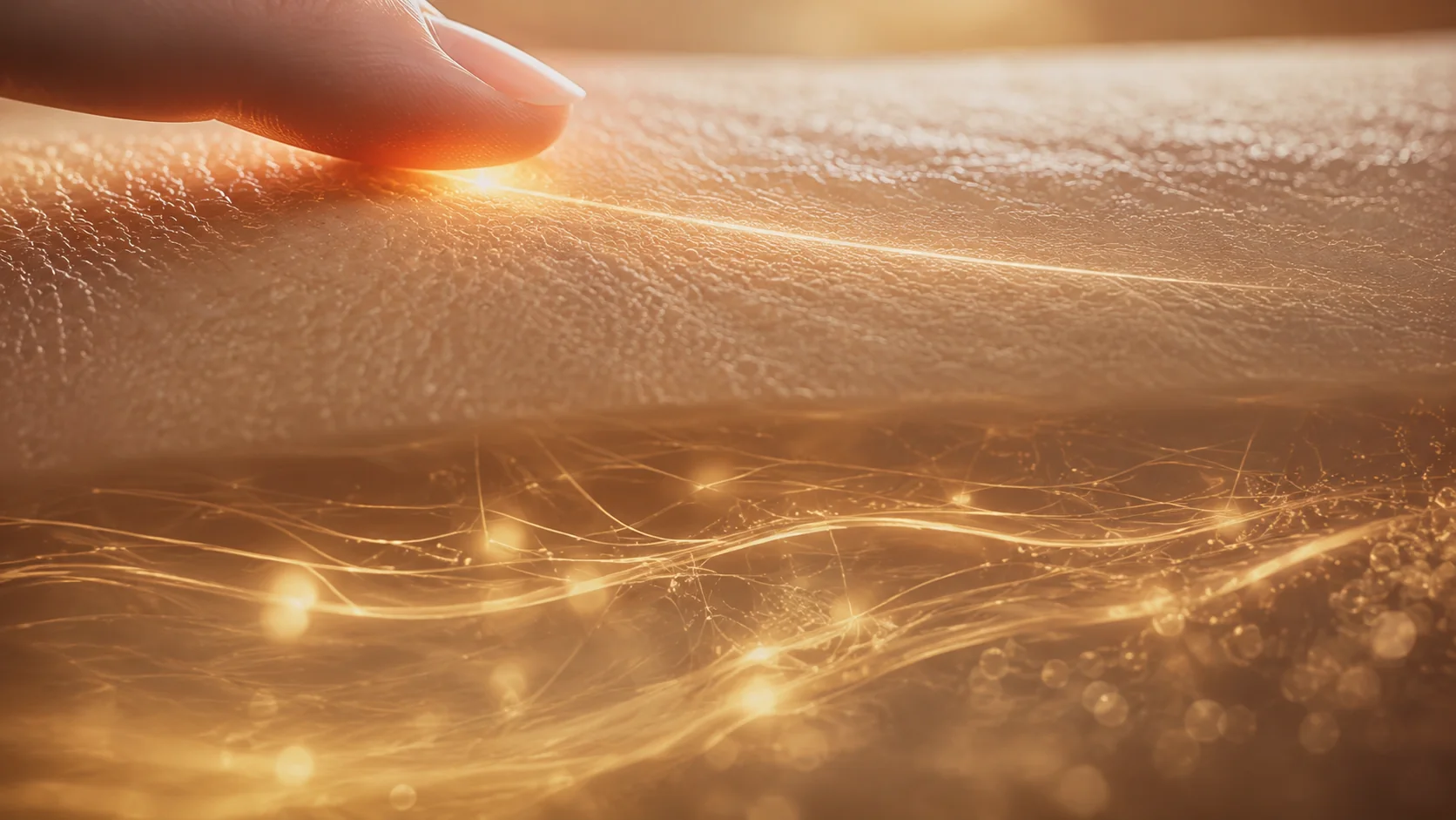 A finger gently touching warm skin, golden light tracing the surface like living threads