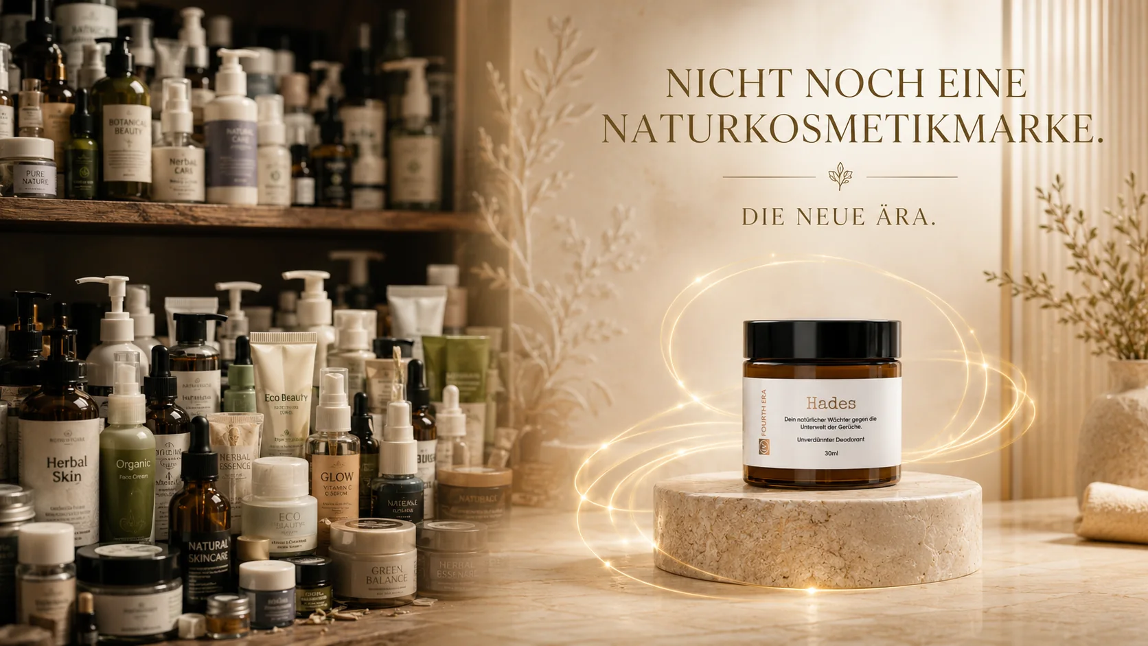 The Hades jar glowing on a travertine pedestal, surrounded by a warm swirl of light, with shelves of ordinary natural cosmetics fading into the background