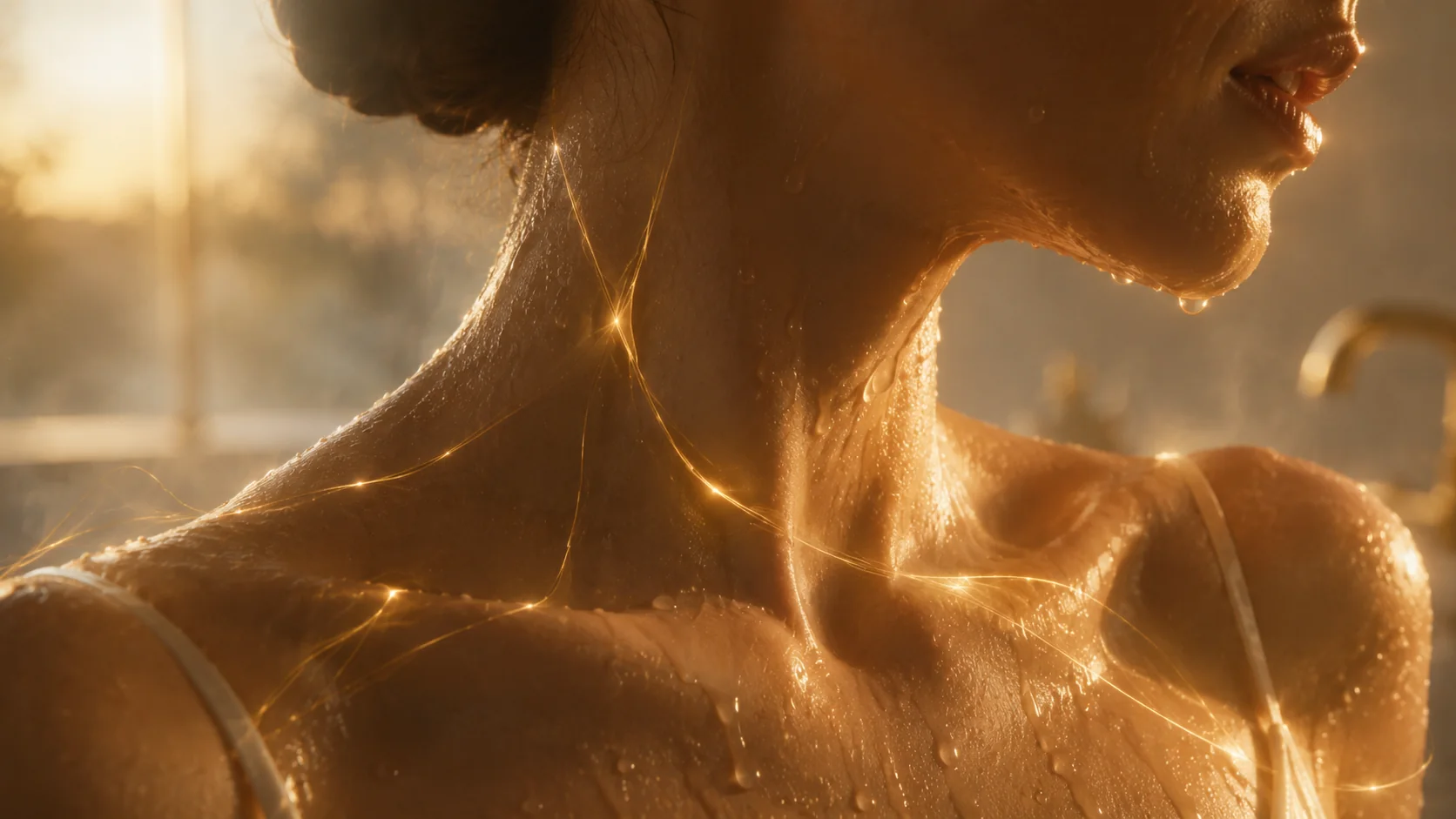 Neck and shoulders in warm shower light, traced by fine golden threads of light